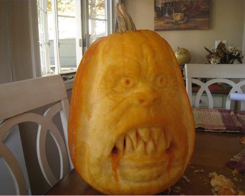 Pumpkin carving with 3-D scary face and teeth