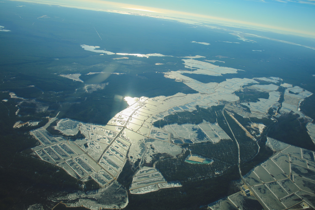Aerial photo of frozen cranberry bogs