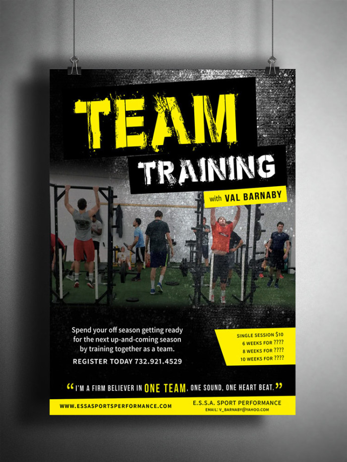 Training Poster for Team Training class. Black print, yellow and white industrial fonts.