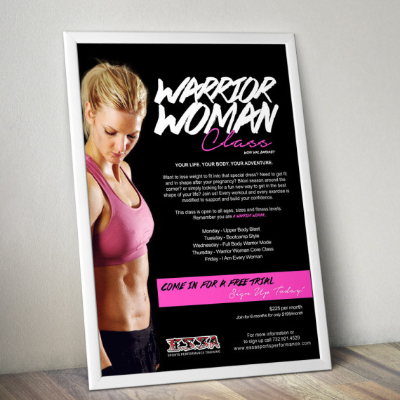 Woman workout poster, black print, lipstick font, fit blonde in pink top and is marketed towards women.